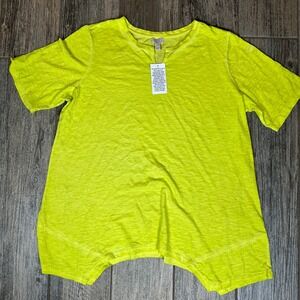 LOGO Lori Goldstein XL‎ Top Short Sleeve Notch Neck Lime Green Asymmetrical